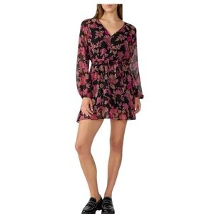 Sanctuary Floral Print V-Neck Long Sleeve Mini Dress Sensation Chiffon Dress